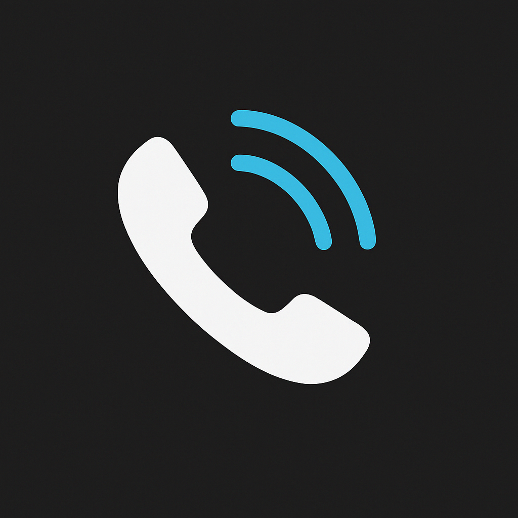 White phone icon with blue sound waves on a black background.