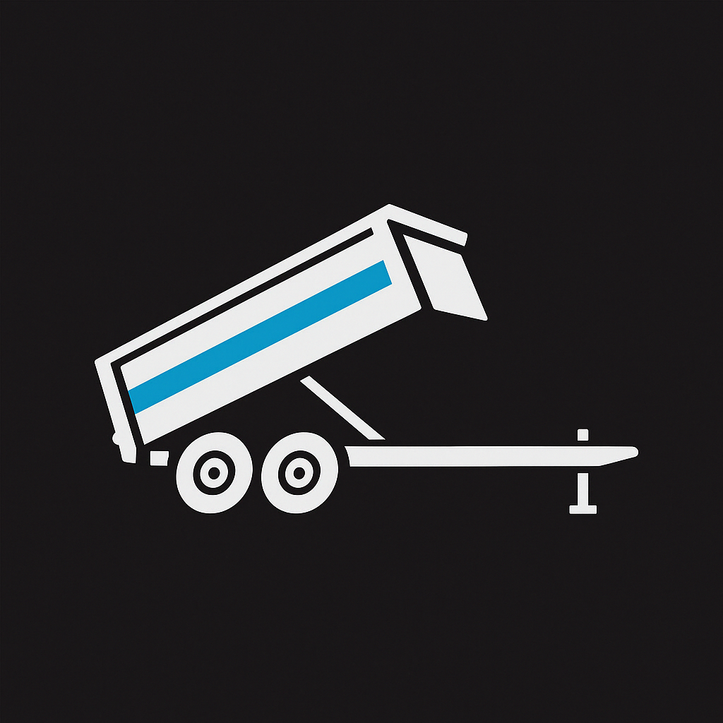 White and blue dump trailer, raised, on black background.