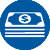 Cash A blue circle containing a white icon of a stack of paper money with a dollar sign.