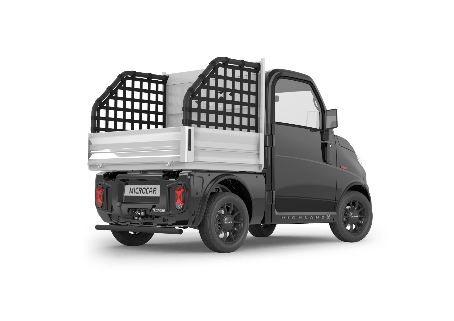 Un petit camion avec une cage à l'arrière sur fond blanc.