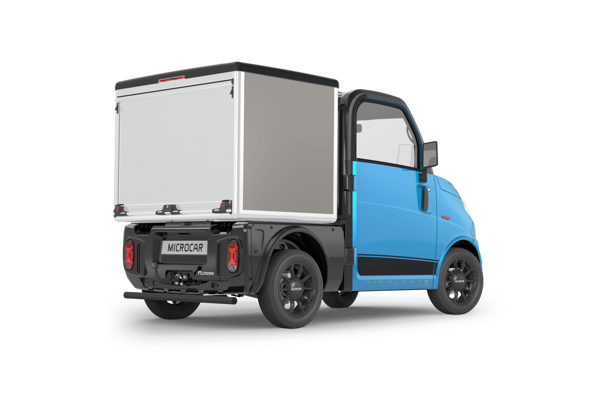 Un camion de livraison électrique bleu avec une boîte blanche à l'arrière.