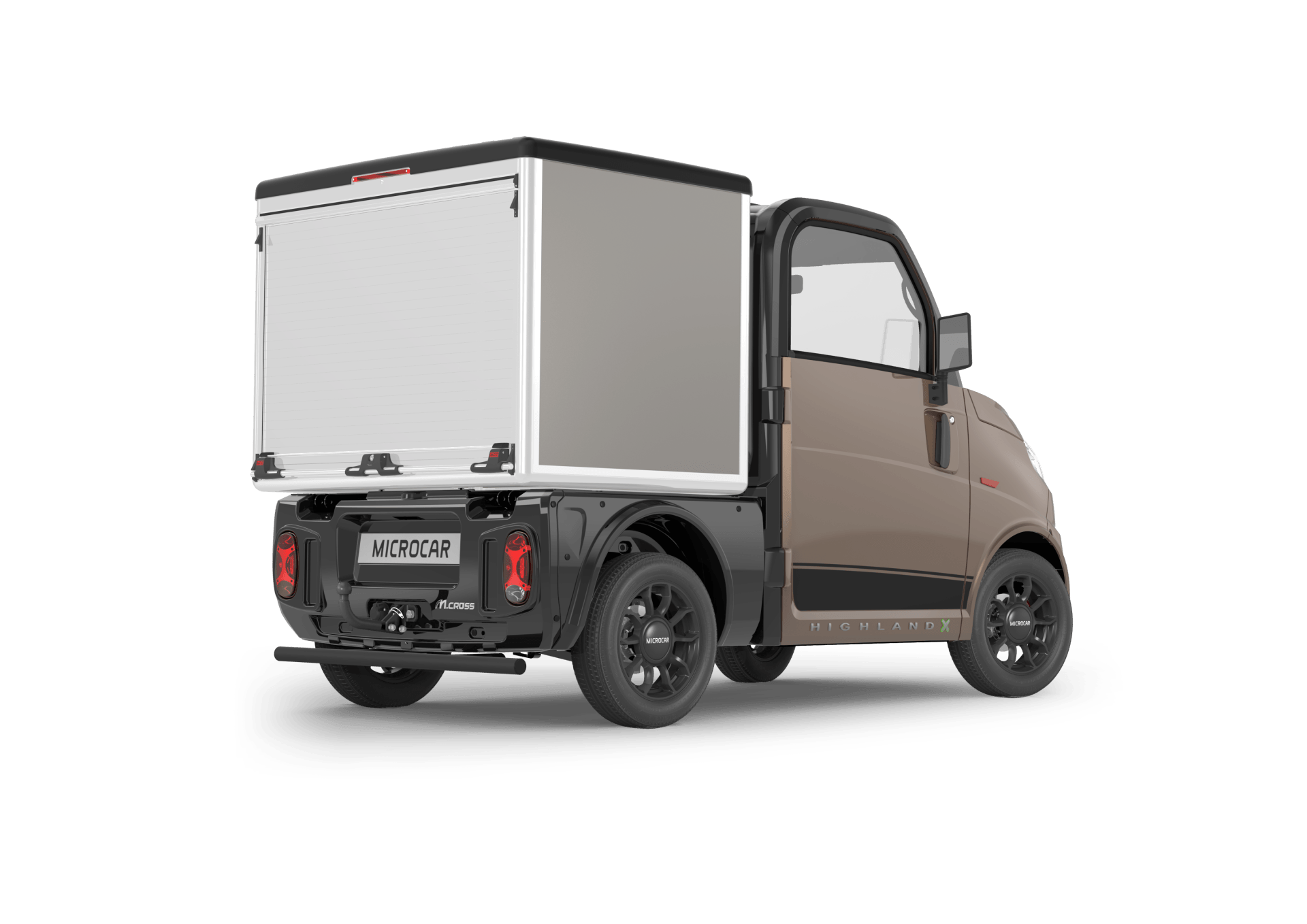 Un petit camion avec une boîte blanche dessus.