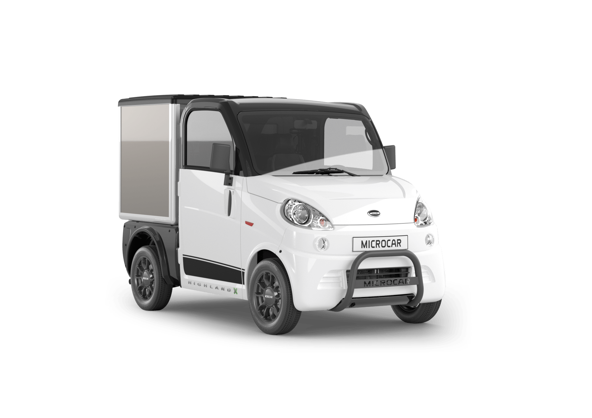 Une camionnette blanche avec une caisse à l'arrière est sur un fond blanc.