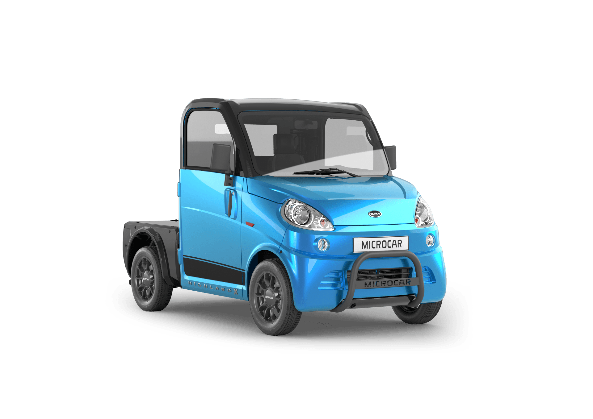 Un camion électrique bleu sur fond blanc.