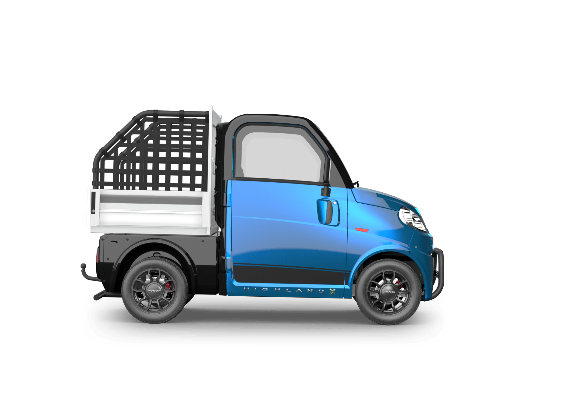 Un camion électrique bleu et blanc avec une cage à l'arrière.