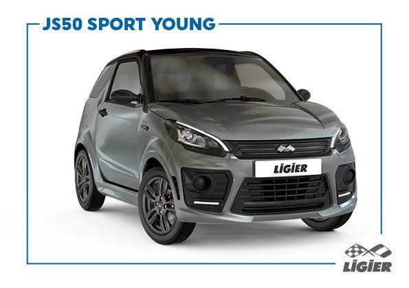 Une voiture grise avec les mots js50 sport young dessus
