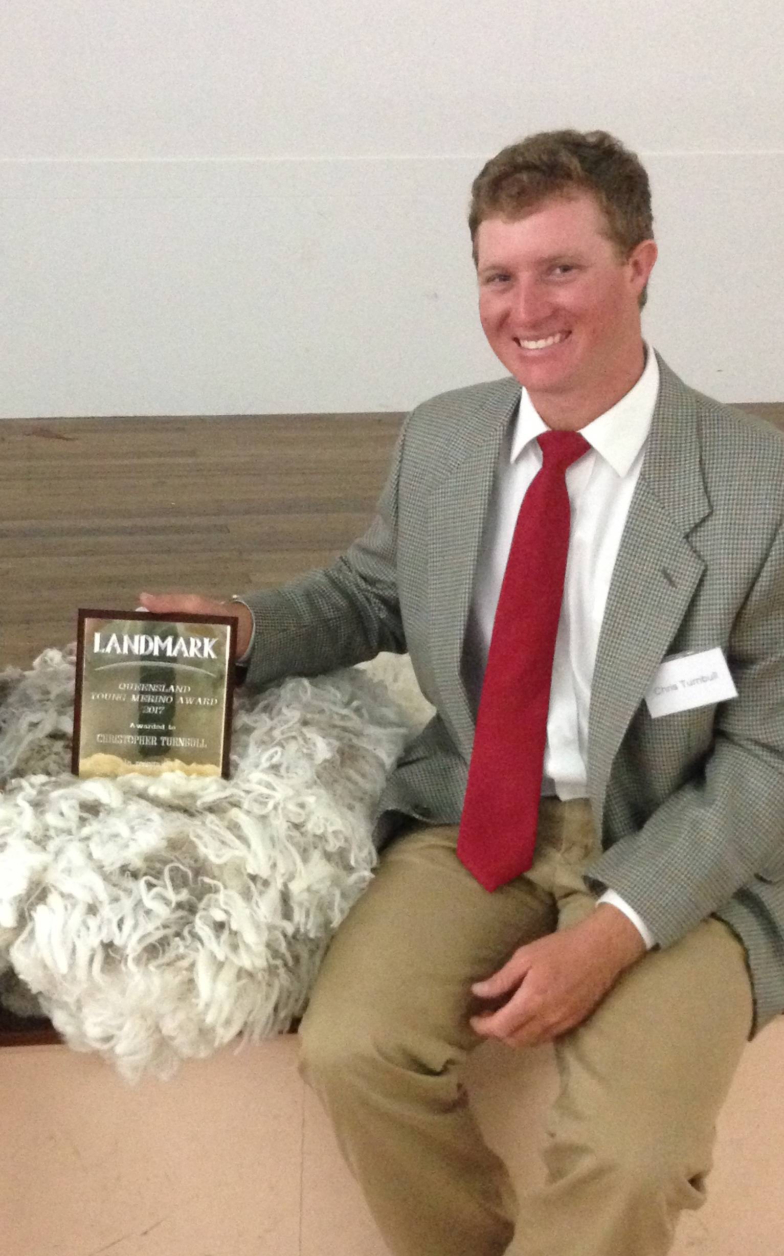 Chris Turnbull with the 2017 Landmark Queensland Young Merino Breeder award.