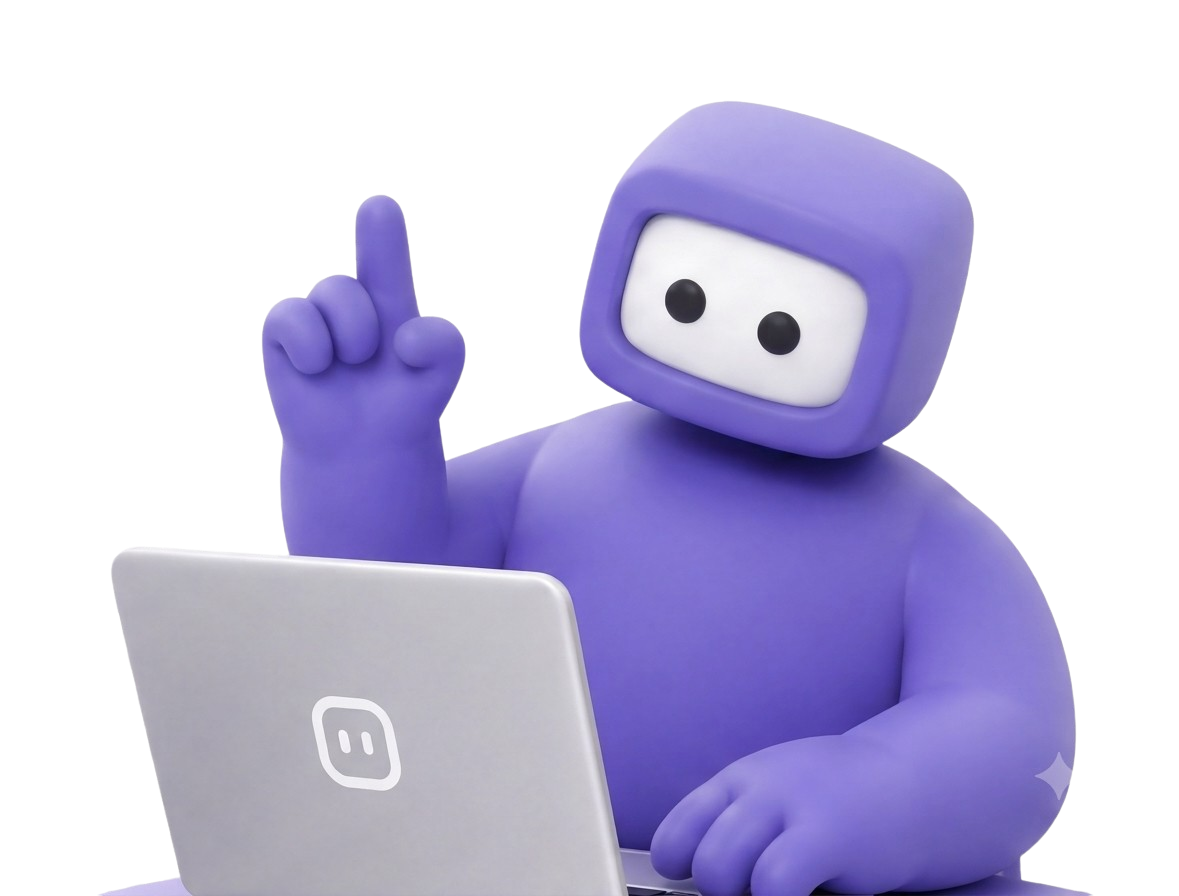 Purple mascot waving beside a laptop, pointing upward with one finger