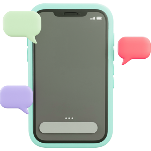 Smartphone with speech bubbles in various colors, suggesting a text message conversation.