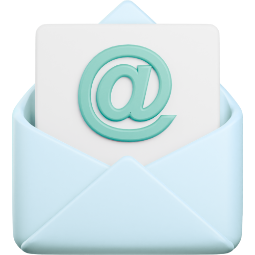 Light blue envelope with a white card bearing a turquoise at symbol.