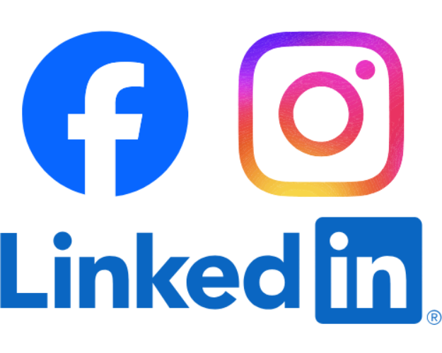 Logos for Facebook, Instagram, and LinkedIn in blue, purple, and orange.