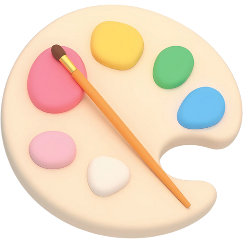 Artist's palette with pink, yellow, green, blue, and white paint. A paintbrush rests across the palette.
