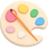 Artist's palette with pink, yellow, green, blue, and white paint. A paintbrush rests across the palette.