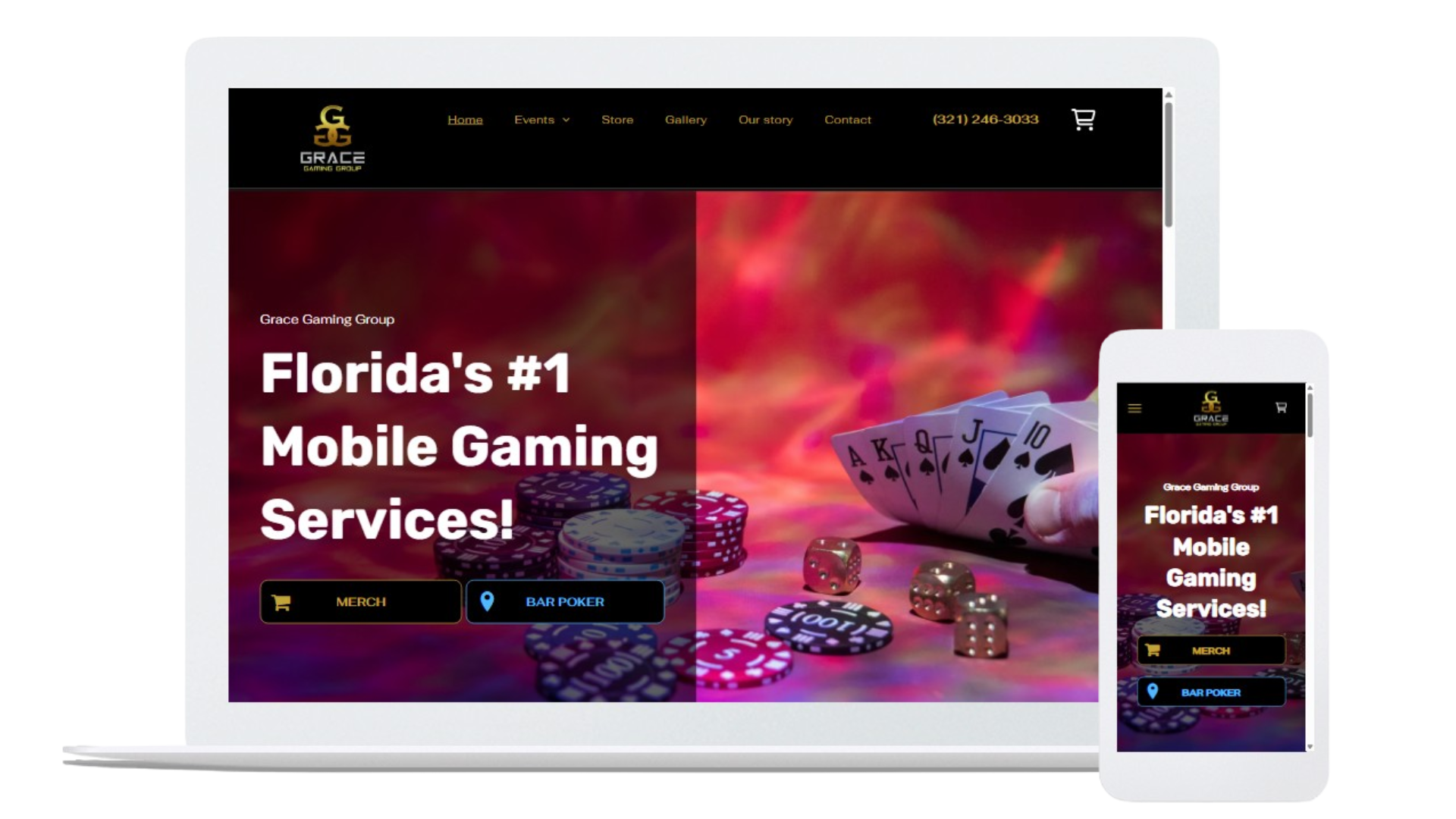 Laptop and phone displaying a website for Florida's #1 mobile gaming services, poker chips, and cards.