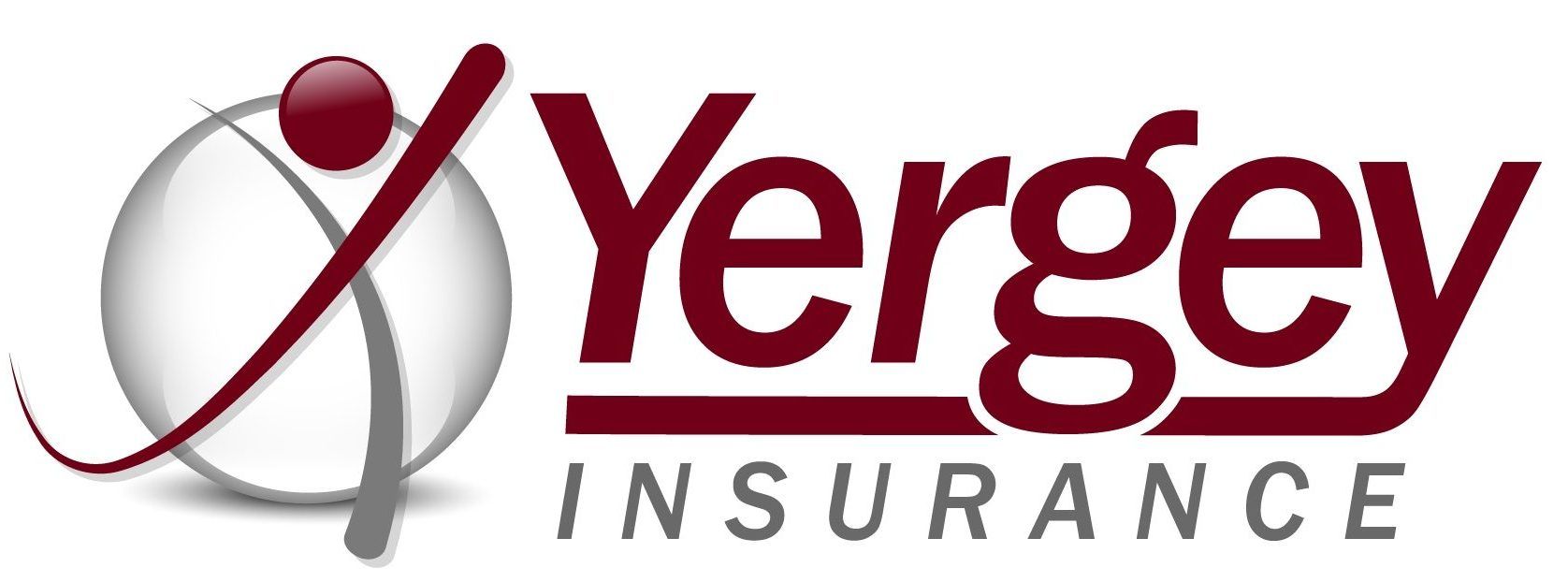 Logo for Yergey Insurance: maroon and gray text with a graphic of a person with arms outstretched inside a sphere.