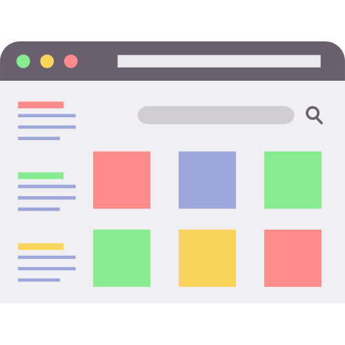 Web browser interface with search bar, colorful square icons, and list items.