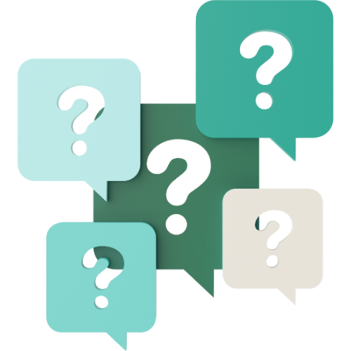 Speech bubbles with question marks in various shades of blue and green.