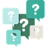 Speech bubbles with question marks in various shades of blue and green.