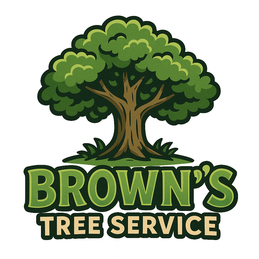 Brown's Tree Service logo: a large tree with green foliage above the company's name in green text on a cream background.