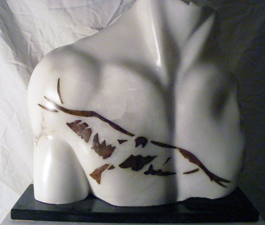Alabaster torso. Contemporary sculpture. Inlayed wood in stone. Bird sculpture.