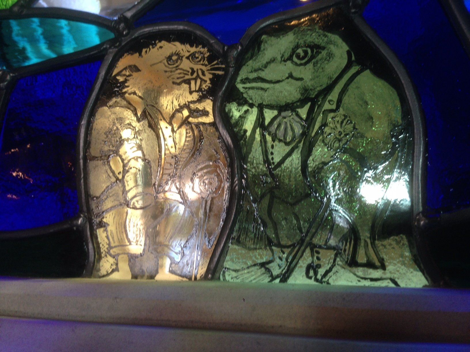 Toad of Wind in the Willows, stained glass work at  Beetle & Wedge Inn