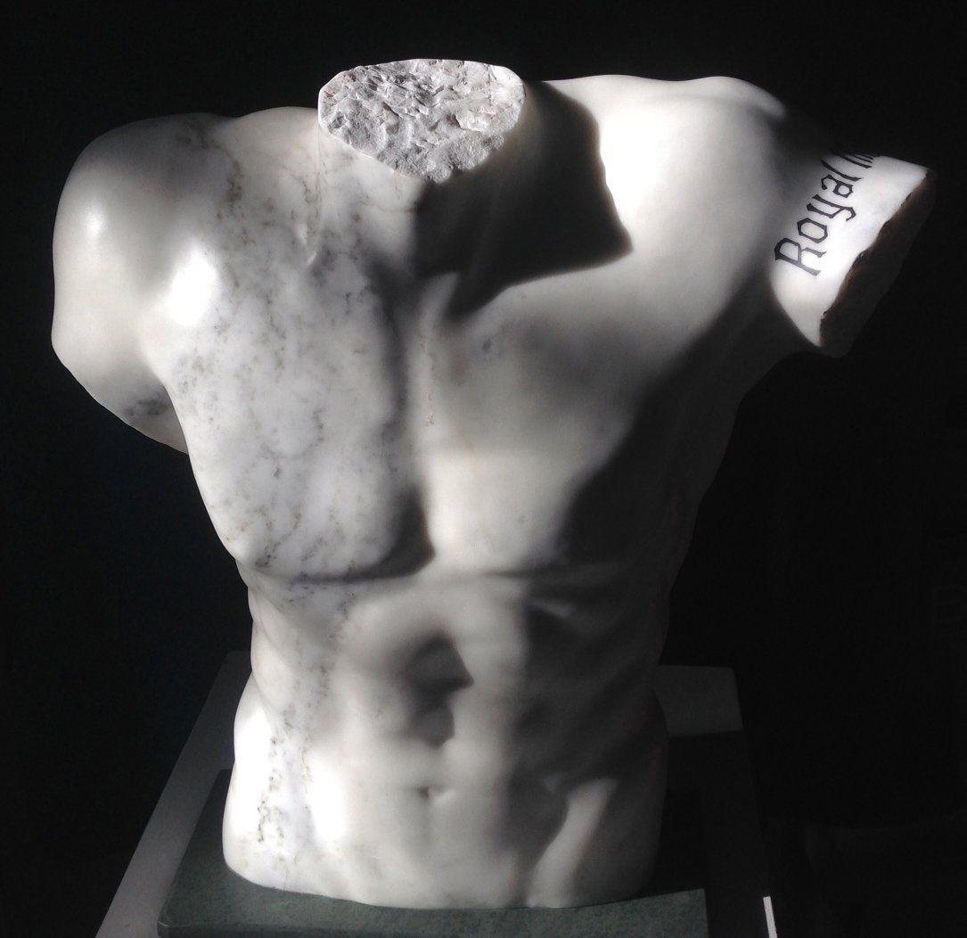 Mark Ormrod sculpture. Marble torso Royal Marine. Ben Dearnley marble torso