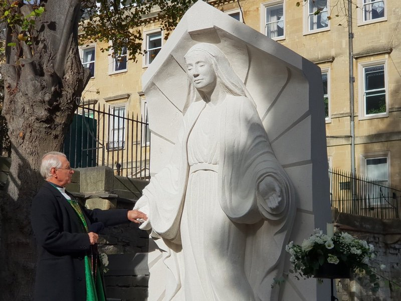 St John The Evangelist Roman Catholic Church, the city of Bath 2018     Mother Mary  Our Lady of Bath, Queen of Peace sculpture Ben Dearnley artist