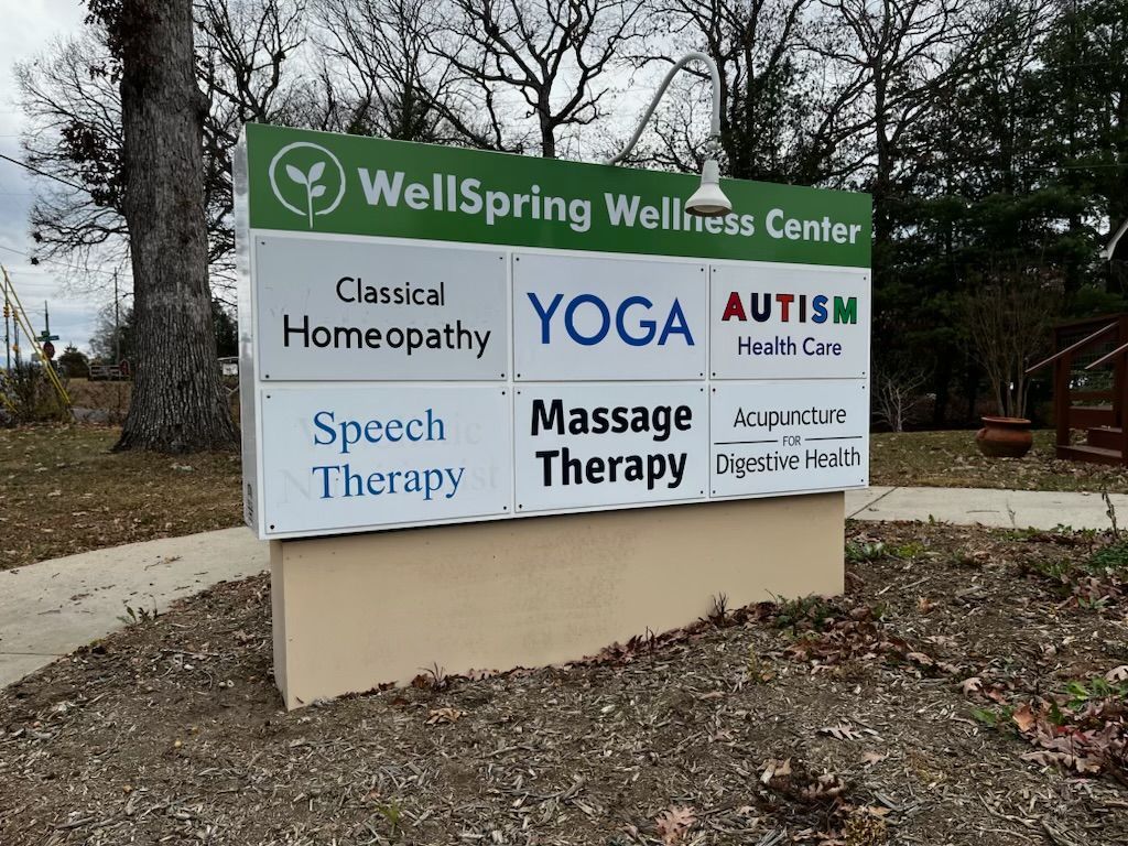 Sign for WellSpring Wellness Center with services listed: homeopathy, yoga, autism care, speech therapy, massage therapy, and acupuncture.