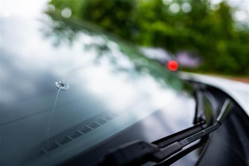 Windshield with a crack, close-up shot, blurred background of trees and a vehicle.
