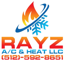 Logo for Rayz A/C & Heat LLC: flame and snowflake design, orange to blue, with contact information.