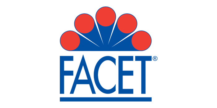 A blue and red logo for facet faucets