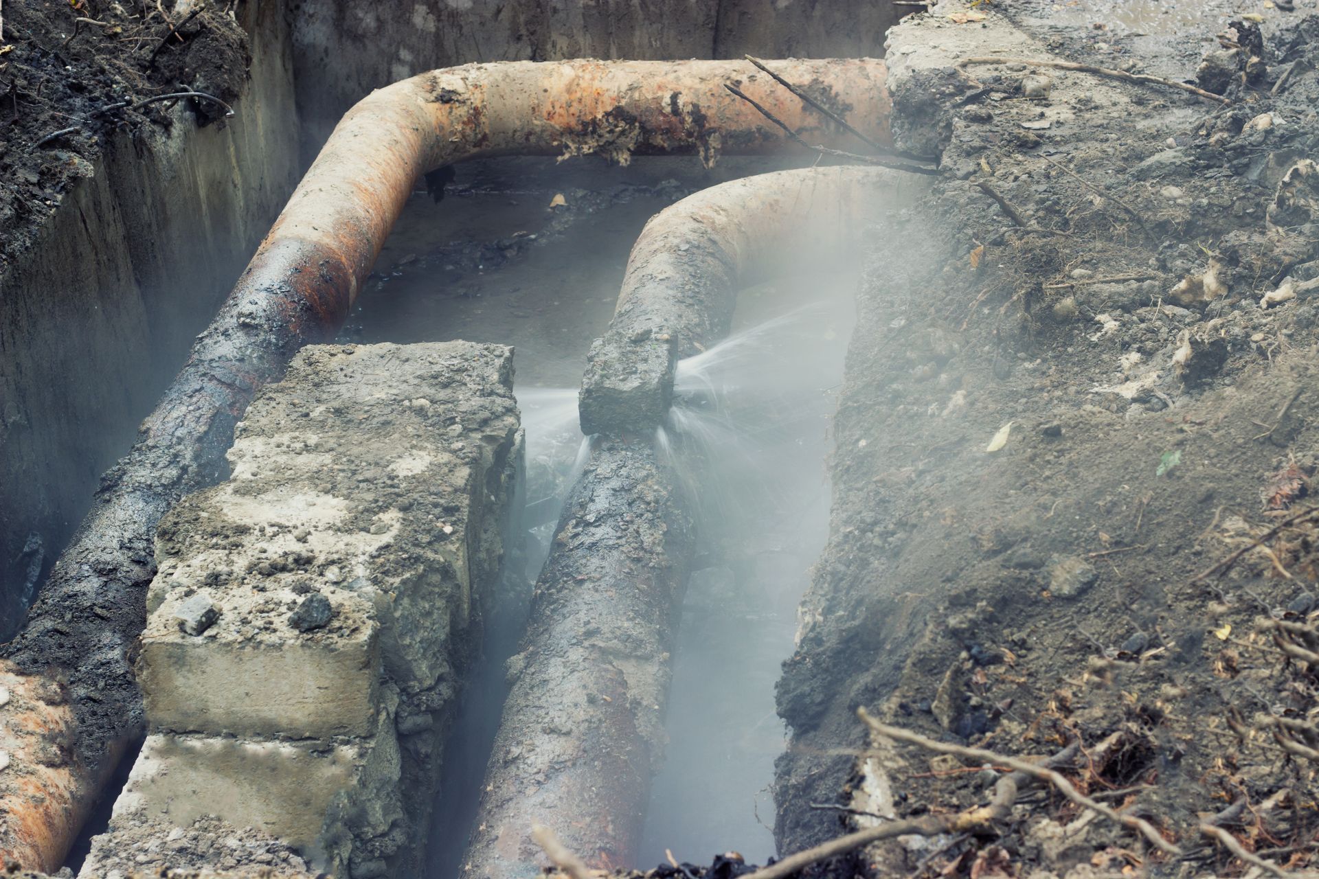 Water spraying from a broken underground pipe in a muddy trench with exposed concrete blocks Water spraying from a broken underground pipe in a muddy trench with exposed concrete blocks