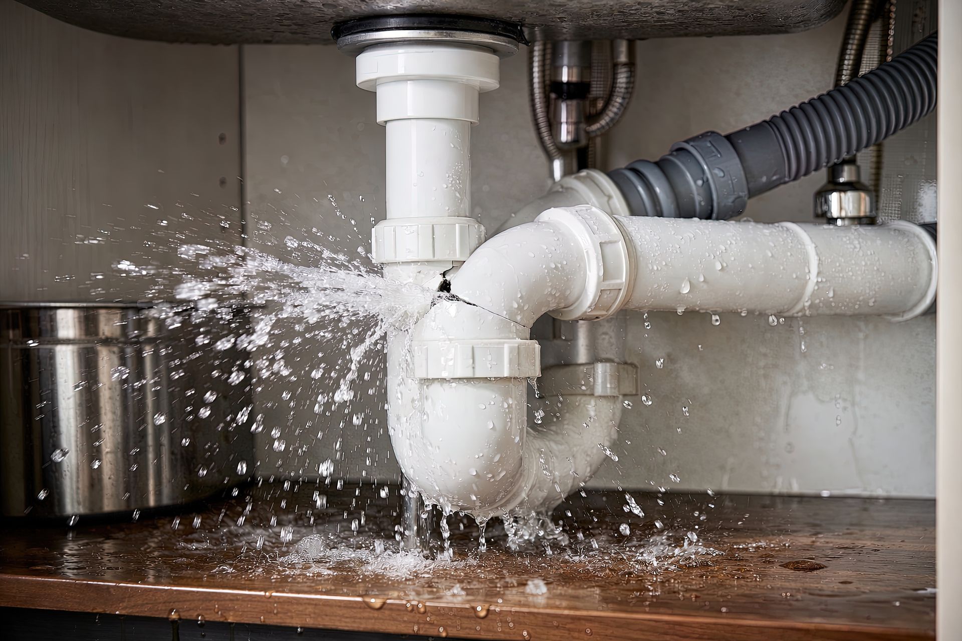 A severe water leak from a broken PVC pipe.