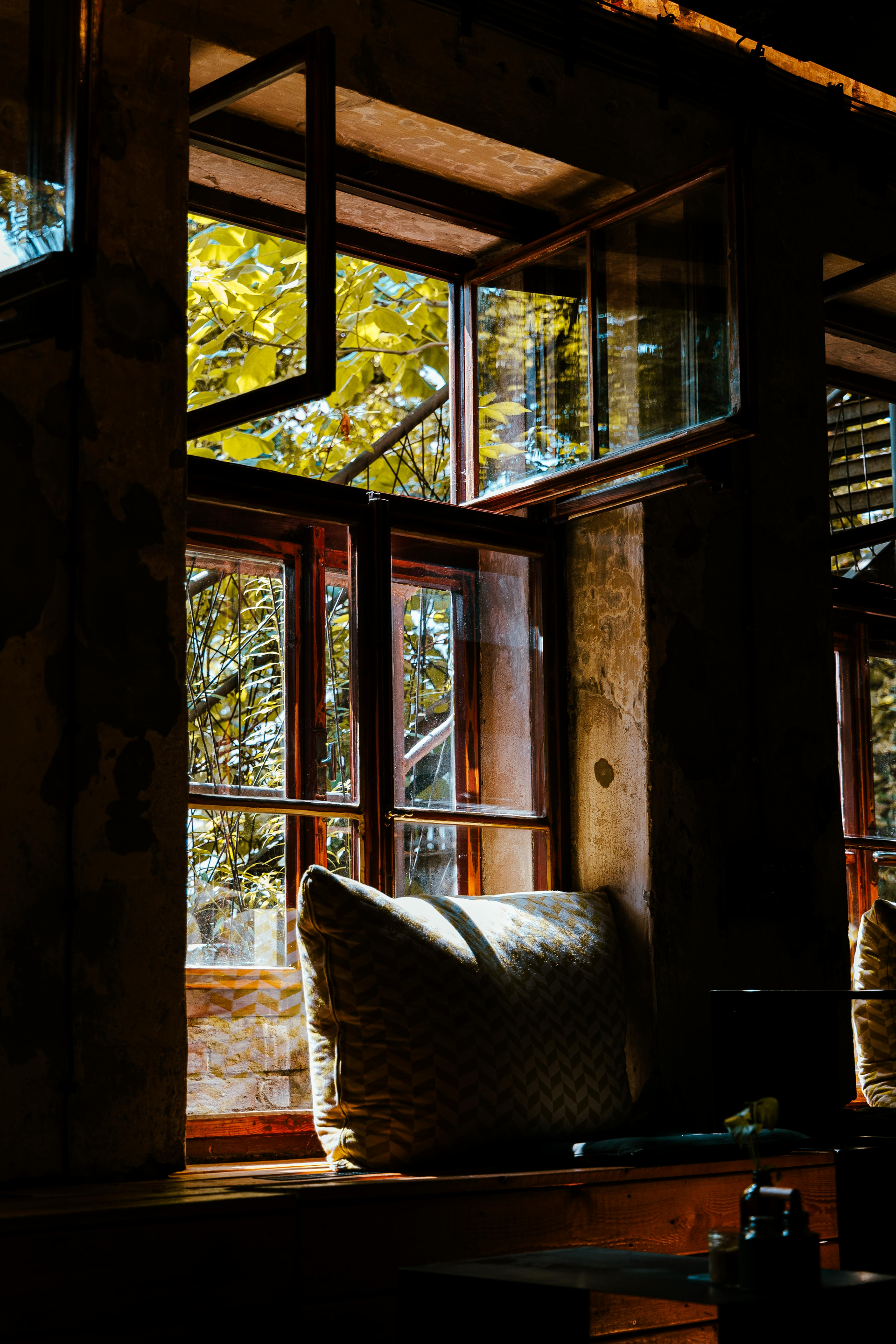 Interior of a flooring store with sample displays, wooden floors, and a decorative ceiling.