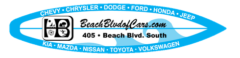 Logo for BeachBludofCars.com, featuring a surfboard shape with car brands and address 405 Beach Blvd. South.