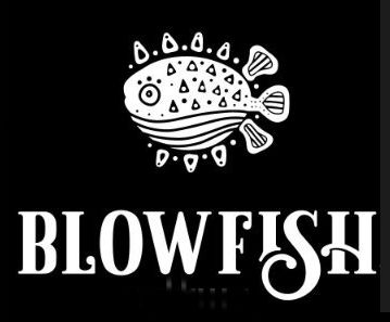 A stylized white line drawing of a pufferfish centered above the white text 