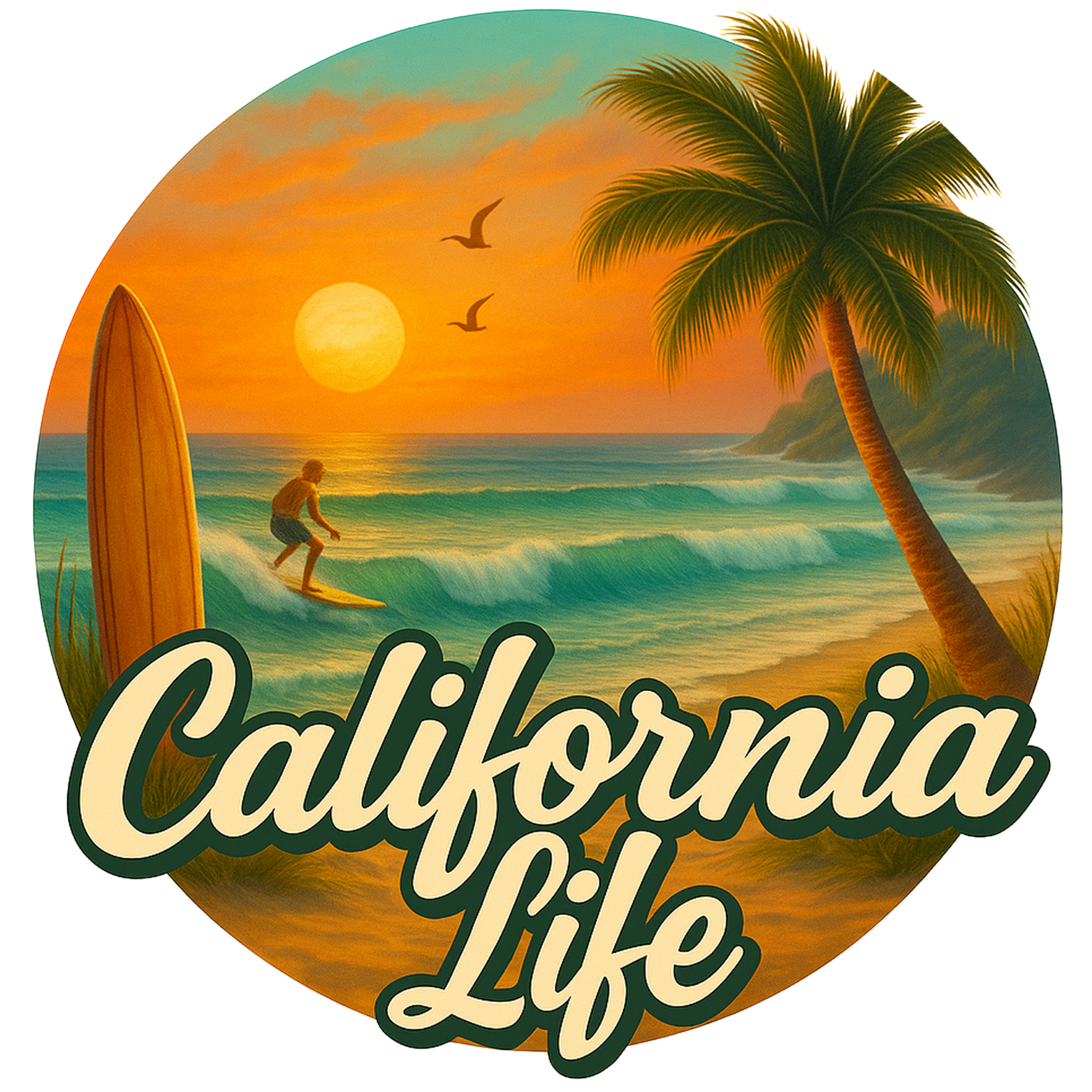 California beach scene at sunset, surfer, palm tree, surfboard, orange sky, green water.