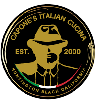 Logo for Capone's Italian Cucina in Huntington Beach, CA, featuring a gold silhouette of a man in a fedora.