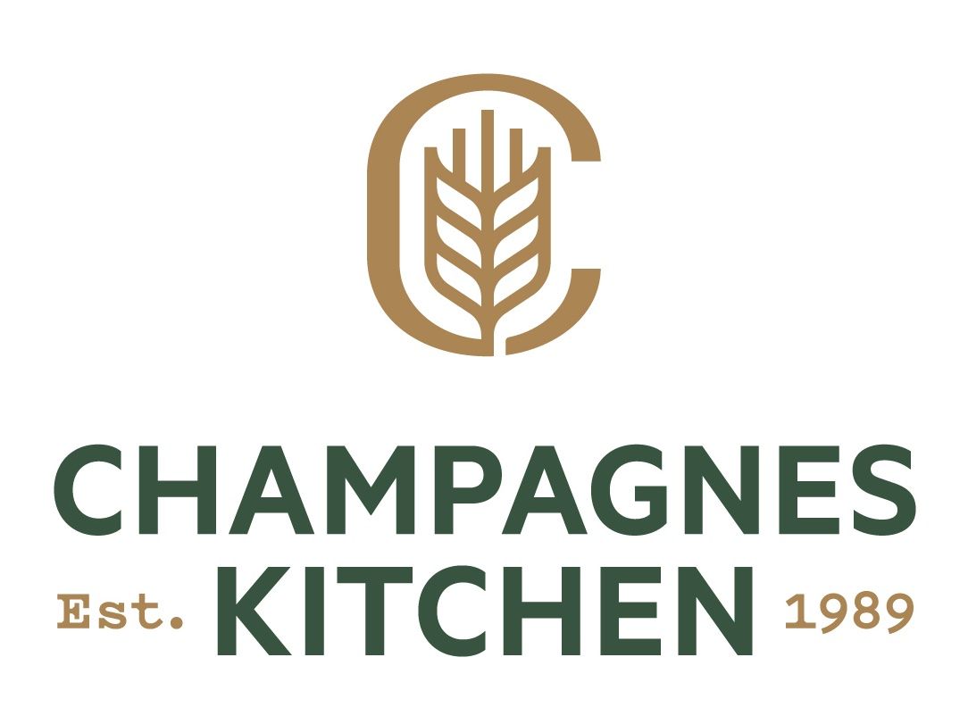 Logo for Champagnes Kitchen, featuring a tan wheat stalk inside a letter C, with green text reading 