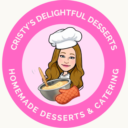 Logo for Cristy's Delightful Desserts featuring an illustrated baker mixing batter in a bowl, inside a pink circle.