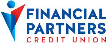 Logo for Financial Partners Credit Union featuring a stylized abstract blue and red figure next to the company name.
