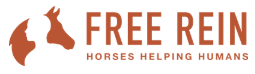 Logo for Free Rein: Horse silhouette and person, brown text 