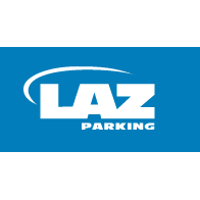 The LAZ Parking logo in white text with a curved line above it, set against a solid blue background.