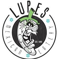 Lupes Mexican Eatery logo with a cartoon dog in a sombrero, green chili, and spider web accents