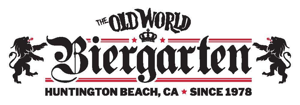 The Old World Biergarten logo featuring text, a crown, and two lions on either side, located in Huntington Beach, CA.