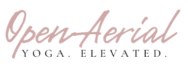 Logo for Open Aerial Yoga, text in mauve script.