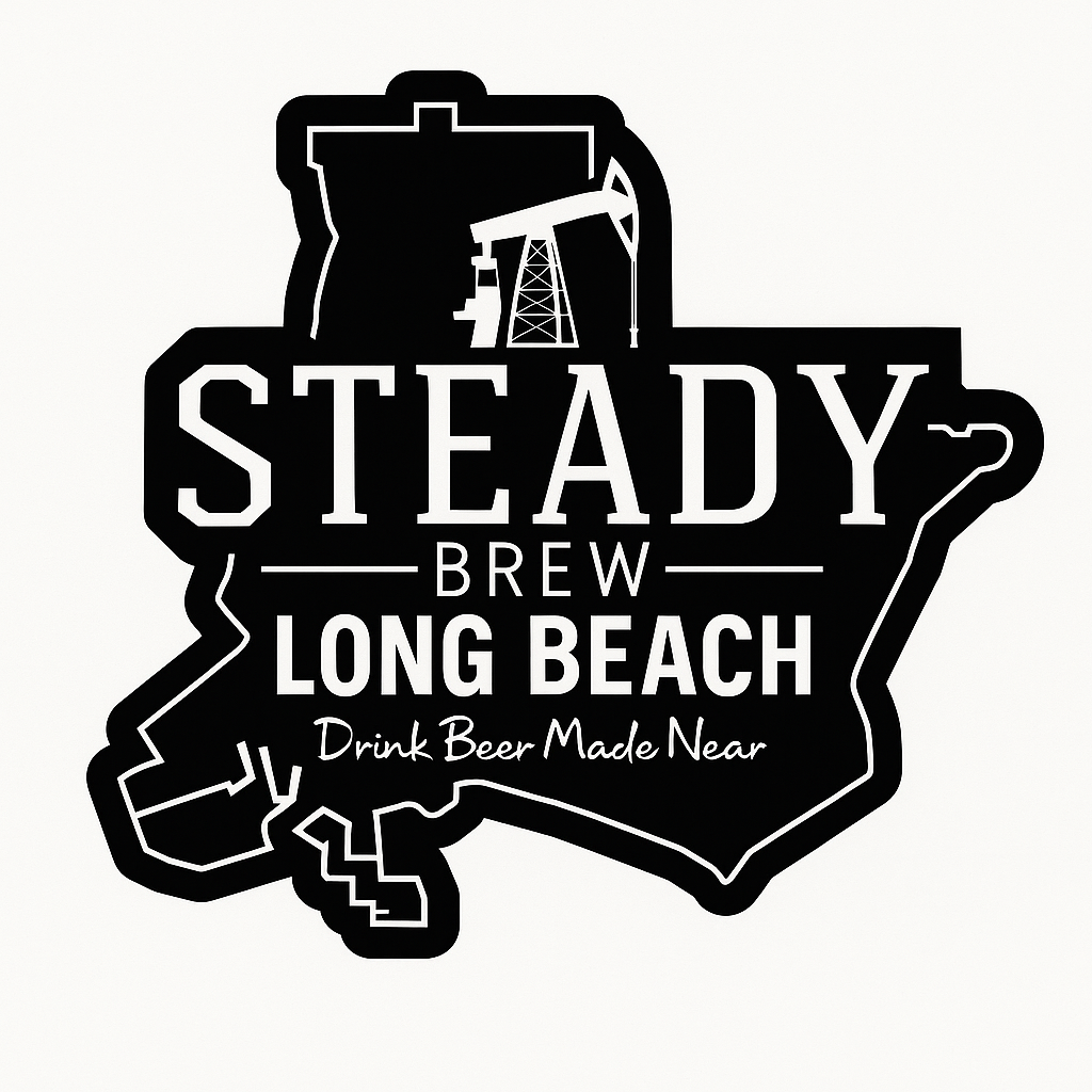 A black logo for Steady Brew Long Beach featuring an oil derrick icon and the slogan 