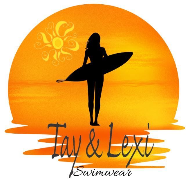 A logo for tay & lexi swimwear shows a woman holding a surfboard - Tay & Lexi Swimwear