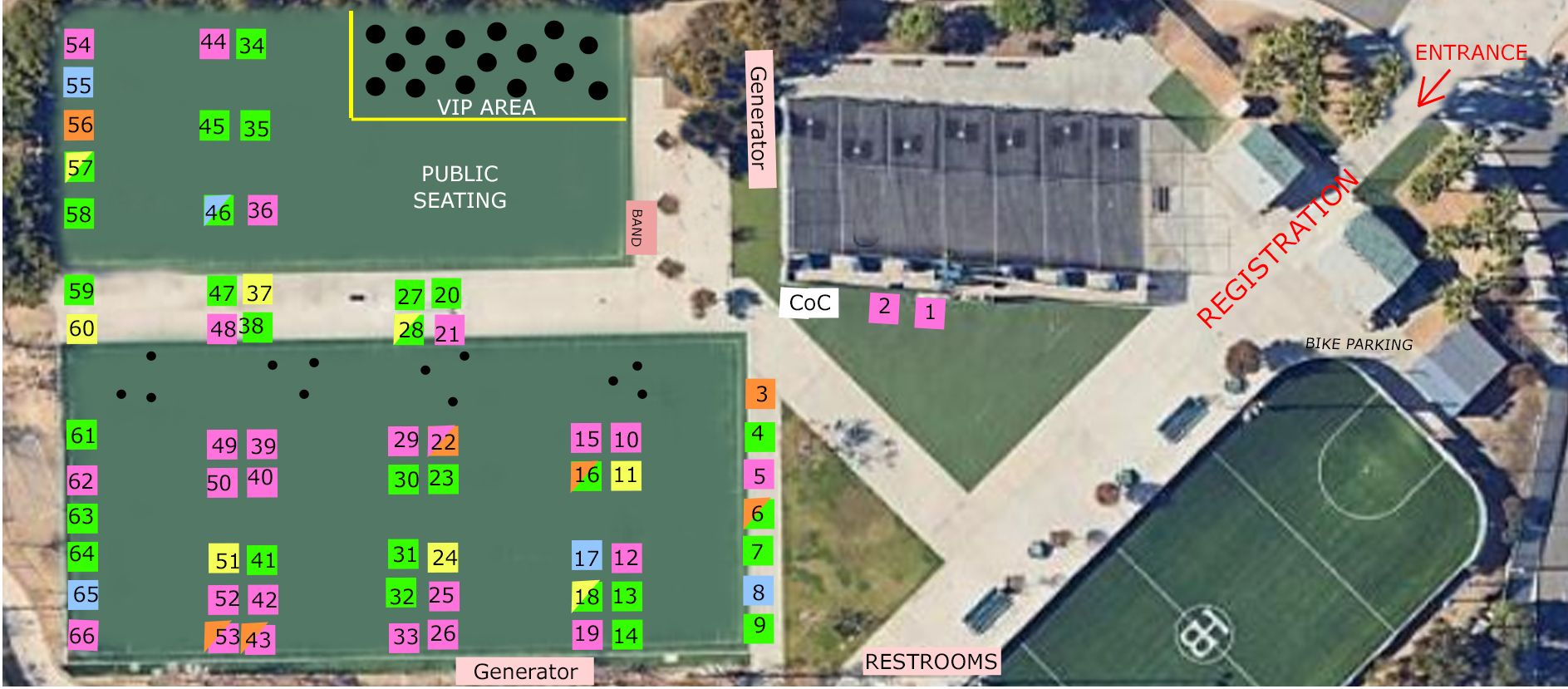 Aerial view of a fairgrounds with numbered booths, registration, and sports fields. Various colors indicate booth types.
