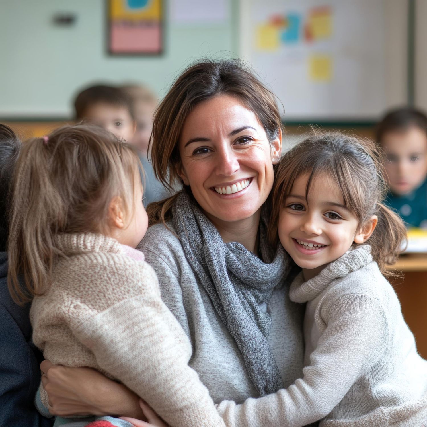 A woman is hugging two little girls in a classroom.
